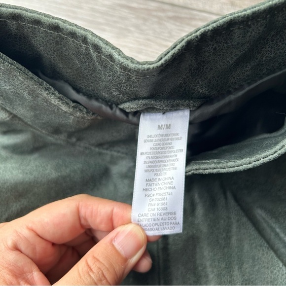 Avon  Olive Green Knit Sleeves Leather Jacket Full Zip - Picture 7 of 16